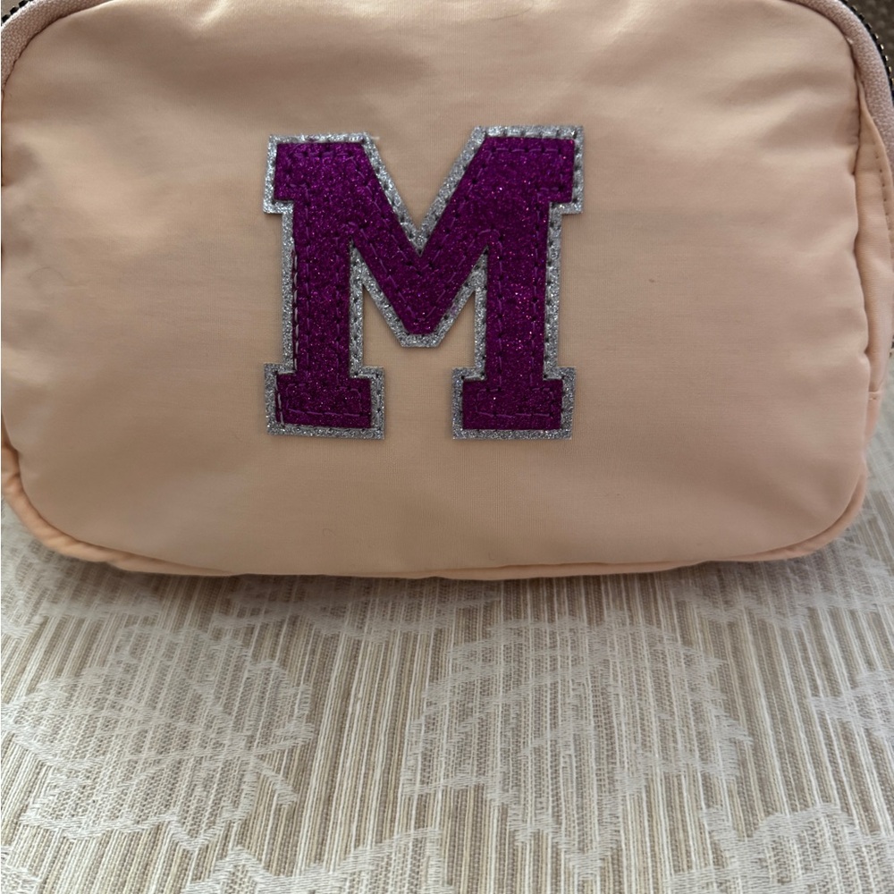 NEW PINK Peach Waist Fanny Shoulder Pack Bag MONOGRAM “M” with Purple Glitter